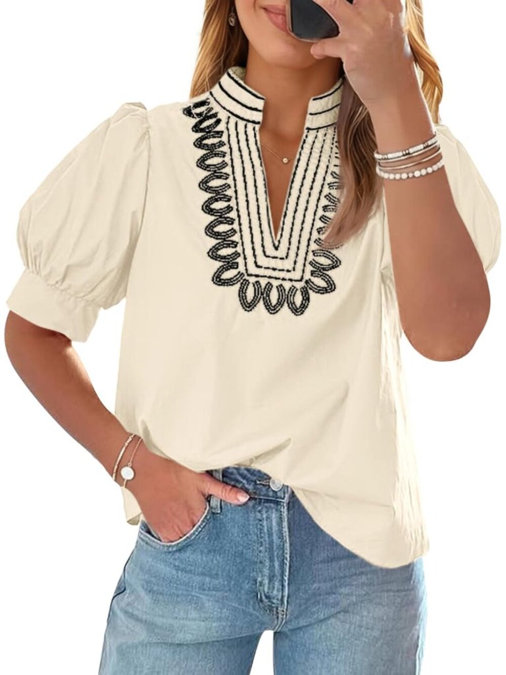 Womens Puff Short Sleeve Blouses Dressy Embroidered Boutique Tops
